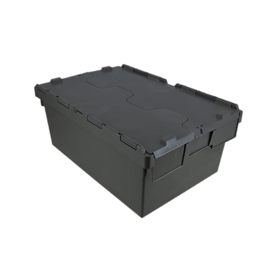 43L plastic storage tote box with attached lid, stackable and tamper-evident for warehouse use