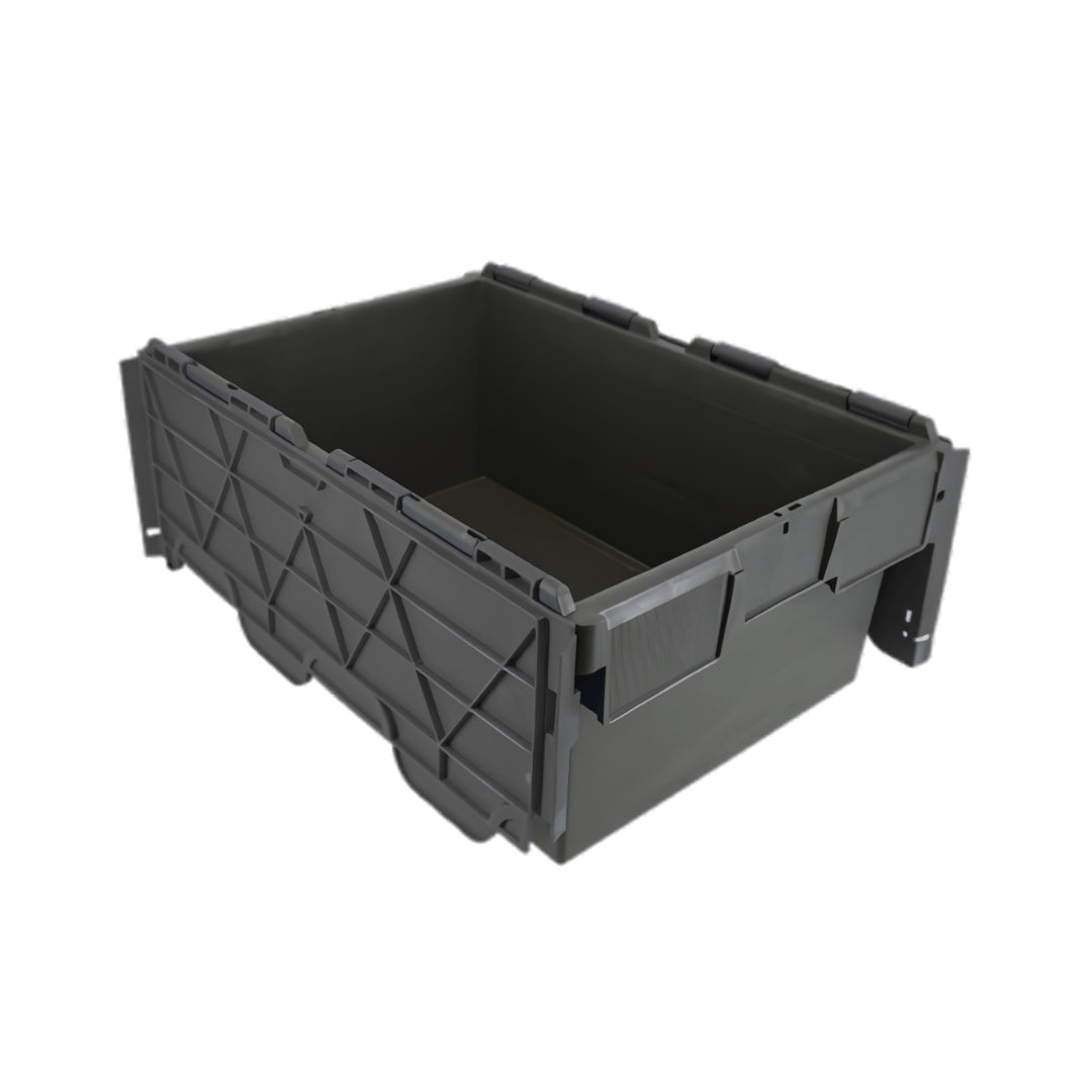 43L plastic storage tote box with attached lid, stackable and tamper-evident for warehouse use