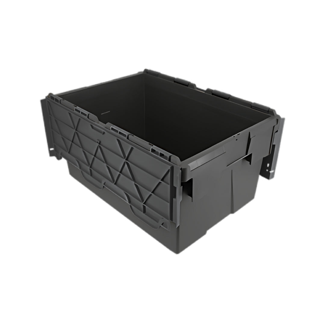 55L recycled plastic storage tote box with attached lid for warehouse use