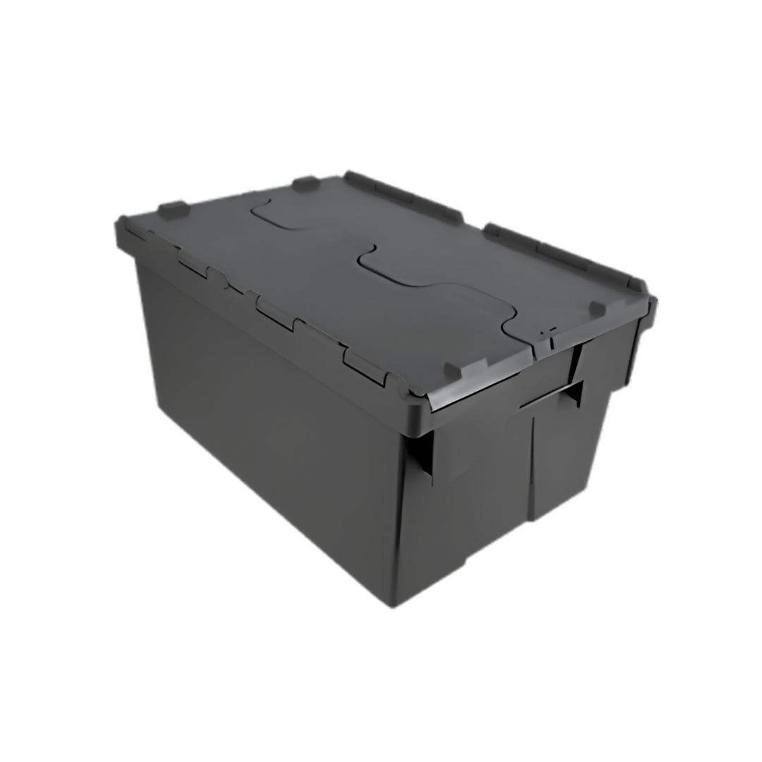 55L recycled plastic storage tote box with attached lid for warehouse use