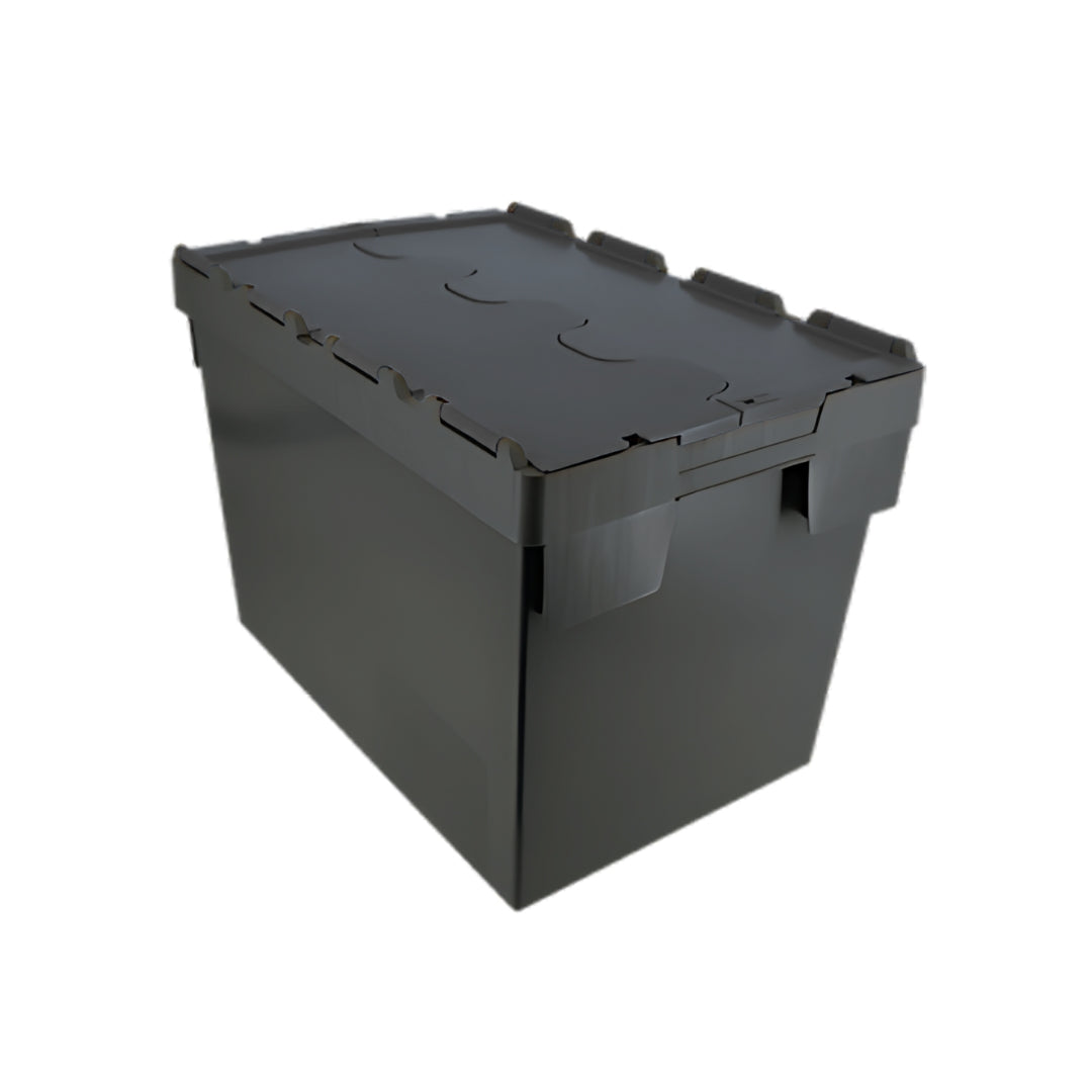 80L plastic storage tote box with attached lid, stackable and heavy duty for warehouse use