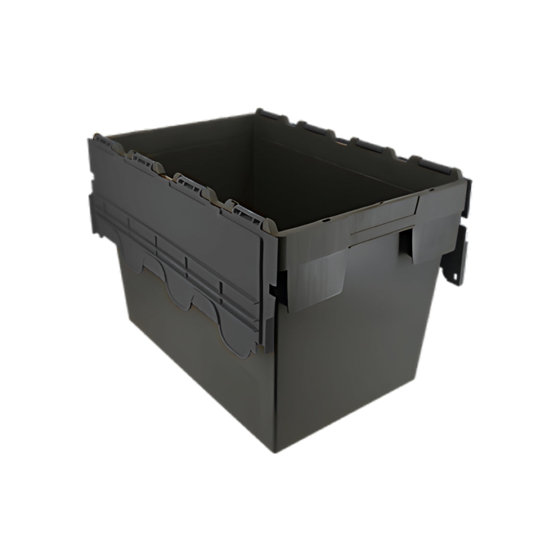80L plastic storage tote box with attached lid, stackable and heavy duty for warehouse use