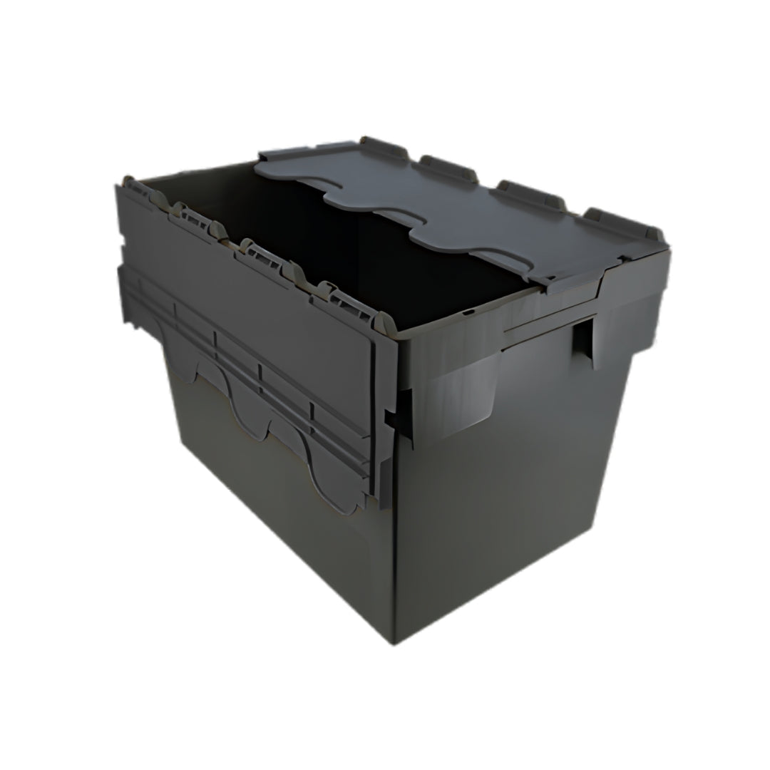 80L plastic storage tote box with attached lid, stackable and heavy duty for warehouse use