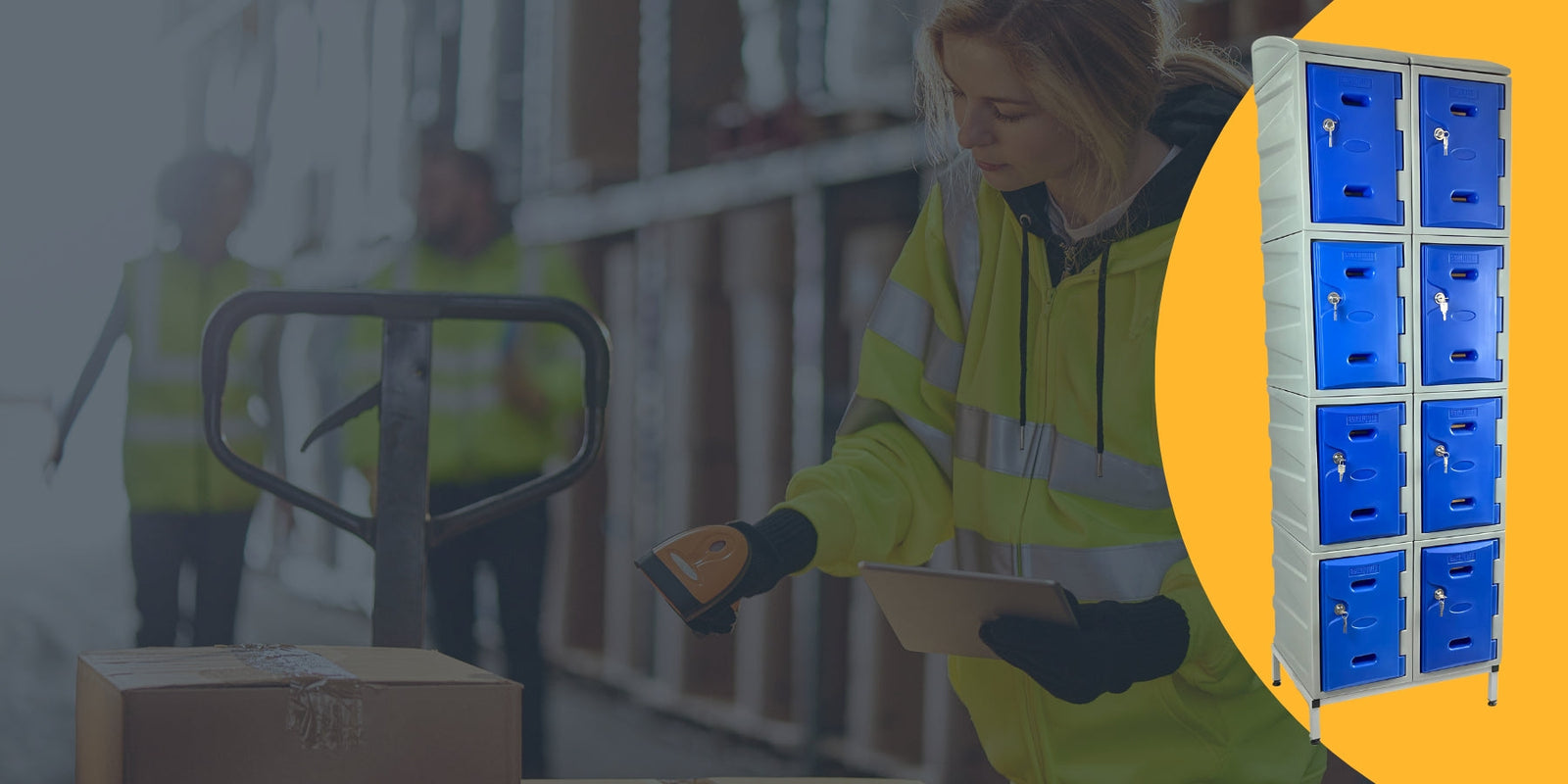 Woman in factory scaning a box, and a G-force locker overlayed on top of image.