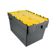 10 pack of 70L grey plastic storage tote boxes with colour-coded lids